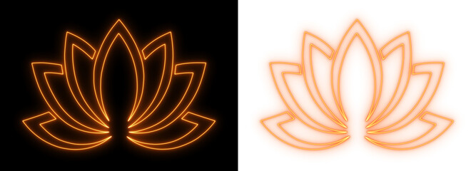 Glowing neon lotus symbol in orange on dark and transparent backgrounds, minimalist spiritual floral line art design