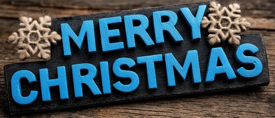 Systemic Christmas sign with the text Merry Christmas on a black wooden background with blue lettering and snowflakes for festive season greeting