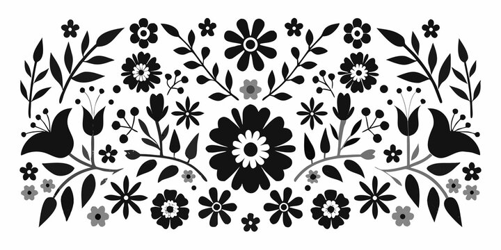 Black and white floral pattern with flowers and leaves