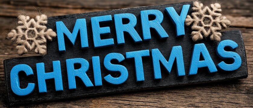 Systemic Christmas sign with the text Merry Christmas on a black wooden background with blue lettering and snowflakes for festive season greeting