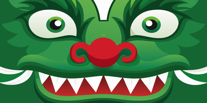 Close up of a green chinese dragon face with red nose and teeth
