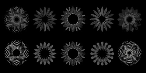 Collection of ten hand drawn floral ornaments on a black background