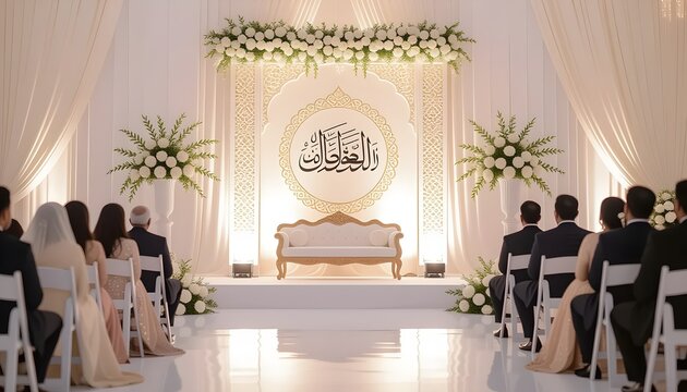 Elegant Pakistani Nikah stage with pure white theme, calligraphy panel, and soft florals
