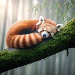 Obraz premium Red Panda Resting on Tree Branch