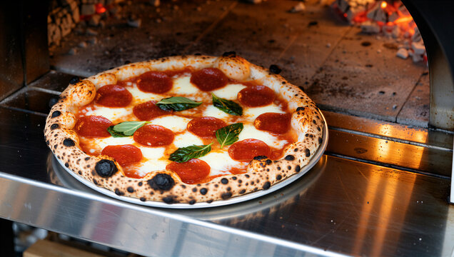 Delicious pepperoni pizza with fresh basil leaves baking in a traditional woodfired oven for dinner