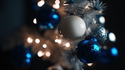 Close-up of white and blue Christmas ornaments hanging on a green pine tree, adorned with glowing lights that enhance the festive holiday charm of the seasonal decoration.