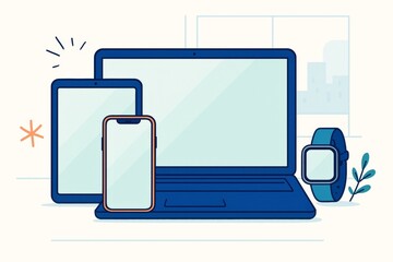 Digital device mockup with laptop, smartphone, tablet, and smartwatch on clean background for branding and presentation concept illustration. Ai generative