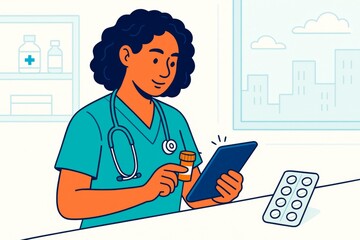 Female healthcare worker using tablet to check medication with pills on desk in hospital setting, modern technology concept illustrated creatively. Ai generative