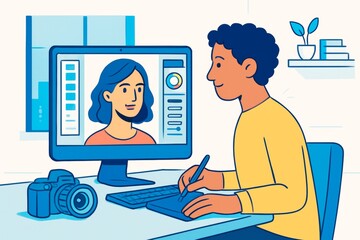 Man using digital drawing tablet during online video call with woman on computer screen in modern workspace, concept of creative technology use. Ai generative