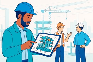 Construction engineers using digital tablet to visualize building design in modern site with cranes and light creative background. Ai generative