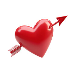 3D cupid arrow going through a glossy red heart, cute smooth-shaped minimal design on white background