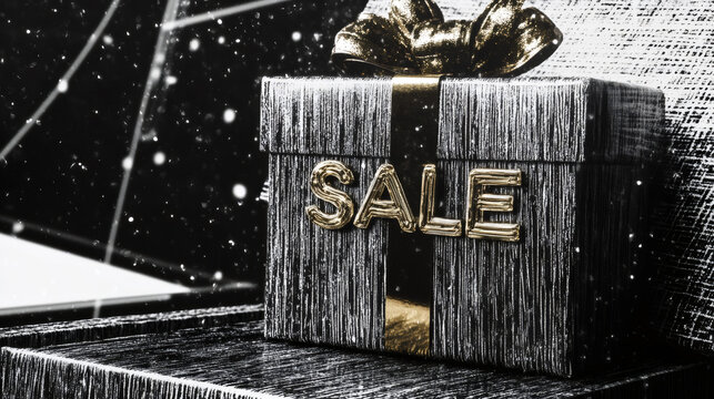 Black Friday sale gift box with gold text and ribbon. Luxury Christmas shopping promotion on a dark festive background