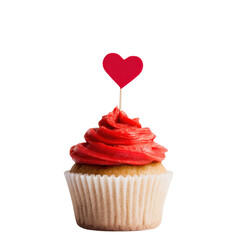 cupcake with red frosting and heart topper on white background -