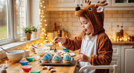 Little girl in reindeer costume decorating Christmas cupcakes in kitchen. Child baking holiday dessert with blue frosting and sprinkles