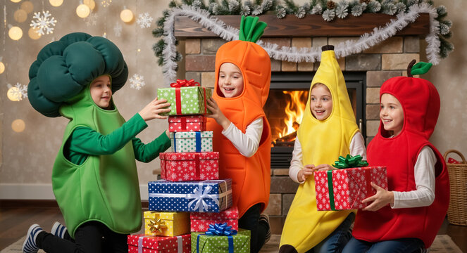 Happy children in fruit and vegetable costumes exchanging Christmas gifts. Kids dressed as broccoli, carrot, banana, and apple celebrating holiday near fireplace with presents - Powered by Adobe