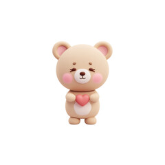 cute teddy bear holding a small heart, rounded 3D character design, minimal soft pastel korean vibe on white background