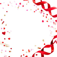 Valentine confetti and ribbon flat-lay around empty space on white background
