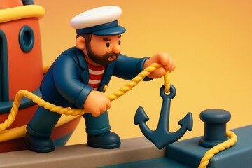 Cartoon sailor character dropping anchor from colorful boat, with bright orange background and soft lighting, transportation concept scene. Ai generative