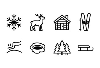 Scenes of winter activities include a snowflake, a deer, a log cabin, ski equipment, and a sled, all set against a backdrop of trees and snow.