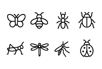 A series of eight line drawings featuring different insects like a butterfly, bee, ant, and dragonfly. Each illustration is outlined clearly on a white background with no color.