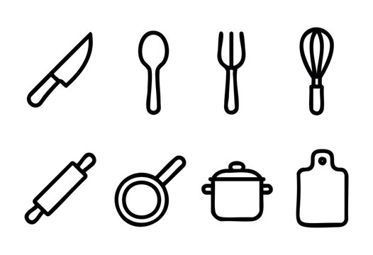 Various kitchen utensils are arranged in a clear layout, featuring a knife, spoon, fork, whisk, rolling pin, strainer, pot, and cutting board, showcasing essential cooking tools.
