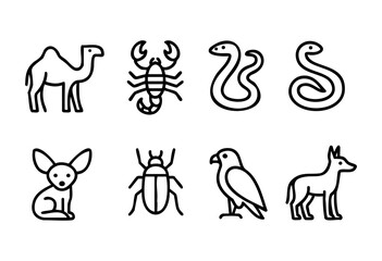 Fototapeta premium A collection of simple line drawings features a camel, scorpion, two snakes, a rabbit, a beetle, a bird, and a fox. Each design highlights distinct characteristics of the animals.