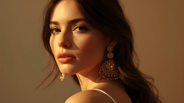 beautiful portrait of a woman wearing golden ear ring with warm tone