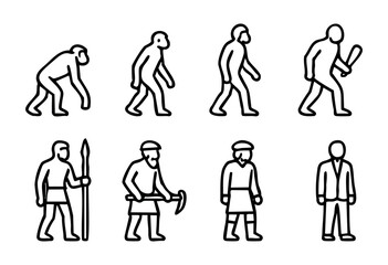 The evolution of human figures through various stages, from primitive man to contemporary form, illustrating the progression of human development over time.