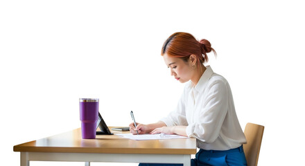 Young woman with red hair tied in a bun, wearing a white shirt and blue skirt, writing on paper at a desk with a tablet and purple tumbler, isolated on transparent background