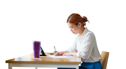 Young woman with red hair tied in a bun, wearing a white shirt and blue skirt, writing on paper at a desk with a tablet and purple tumbler, isolated on transparent background