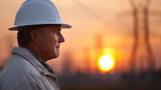 A diligent worker in a hard hat gazes thoughtfully at the sunset, surrounded by towering power lines at the end of a long day. The sky is painted in warm hues, creating a serene moment - Powered by Adobe