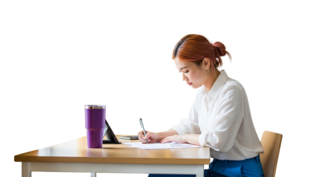 Young woman with red hair tied in a bun, wearing a white shirt and blue skirt, writing on paper at a desk with a tablet and purple tumbler, isolated on transparent background