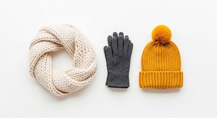 A flat lay of winter accessories including a cream scarf, grey gloves, and a yellow knitted hat