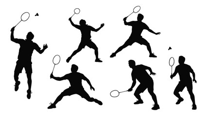 Badminton player silhouettes in action poses isolated on white background, Vector