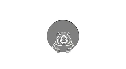 A stylized groundhog emerges from a gray circle on a white background in a graphic illustration