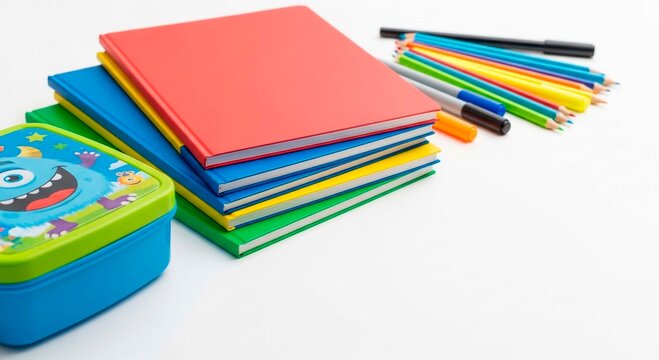 A stack of colorful books with a lunchbox and pencils on a white surface in a well lit environment