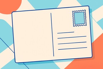 Blank postcard on colorful geometric pattern background in minimalist flat style.