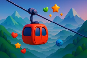 Red cable car with smiling emoji and colorful shapes on abstract mountain background during light sunset in playful travel concept. Ai generative. Ai generative