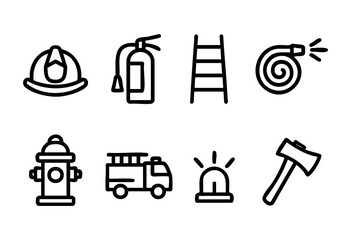 A collection of fire safety tools is shown, including a helmet, fire extinguisher, ladder, fire hose, hydrant, fire truck, light, and axe. These items are essential for firefighting.