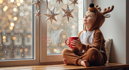 Little child in reindeer costume sitting on window sill with red mug. Cute boy looking at hanging stars during snowy Christmas winter