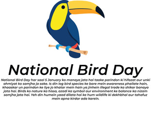 Colorful toucan illustration with bilingual National Bird Day awareness text in Urdu-Hindi-English
