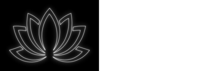 Glowing neon lotus symbol in white on dark and transparent backgrounds, minimalist spiritual floral line art design