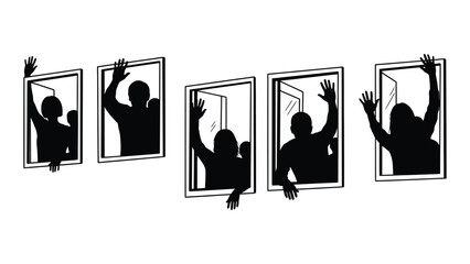 Silhouettes waving from openings isolated on white background, Vector