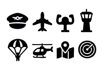 Various black icons depict elements of aviation, including a pilot's hat, airplane, and helicopter. Additional icons represent fitness, navigation, and adventure activities.