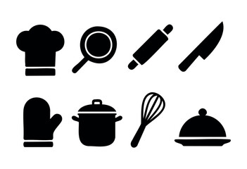 Various kitchen tools are displayed including a chef's hat, rolling pin, knife, pot, and whisk, showcasing essentials for cooking and meal preparation.