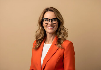 Close up young fun happy successful employee business woman corporate lawyer 30s wearing classic formal orange suit glasses work in office look camera isolated on plain beige color background studio