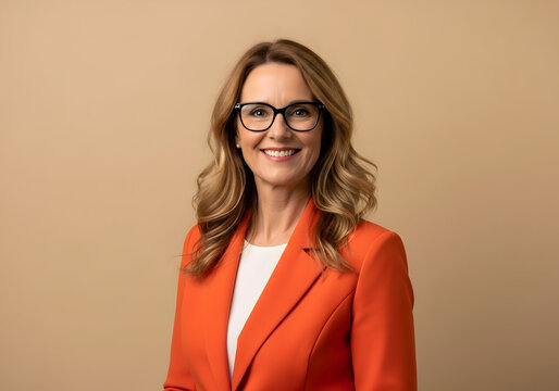Close up young fun happy successful employee business woman corporate lawyer 30s wearing classic formal orange suit glasses work in office look camera isolated on plain beige color background studio