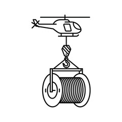 Helicopter lifting heavy cable reel with crane hook. aerial transport, logistics, construction, power line installation icon.