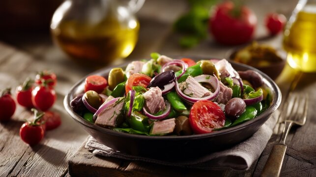 Colorful vegetables and tender tuna blend beautifully in a rustic bowl, showcasing fresh ingredients. Olive oil glistens nearby, enhancing the warm, inviting atmosphere of the kitchen