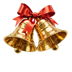 Golden christmas bells tied with a red ribbon bow